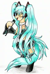 Size: 1973x2874 | Tagged: safe, artist:40kponyguy, derpibooru import, ponified, earth pony, pony, anime, bipedal, clothes, cute, derpibooru exclusive, hatsune miku, headphones, hoof hold, image, jpeg, leggings, looking at you, microphone, necktie, one eye closed, pigtails, pleated skirt, simple background, skirt, solo, traditional art, twintails, vocaloid, white background