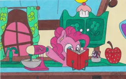 Size: 2547x1597 | Tagged: safe, artist:rhythm-is-best-pony, derpibooru import, pinkie pie, earth pony, pony, baking, book, bowl, commission, image, jpeg, kitchen, mixer, solo, traditional art