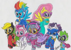 Size: 2894x2044 | Tagged: safe, artist:rhythm-is-best-pony, derpibooru import, applejack, fili-second, fluttershy, humdrum, masked matter-horn, mistress marevelous, pinkie pie, radiance, rainbow dash, rarity, saddle rager, spike, twilight sparkle, zapp, alicorn, dragon, earth pony, pegasus, pony, unicorn, image, jpeg, mane seven, mane six, power ponies, traditional art