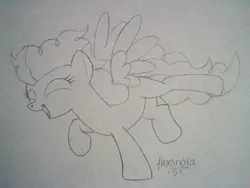 Size: 640x480 | Tagged: safe, artist:rhythm-is-best-pony, derpibooru import, high winds, pegasus, pony, ^^, eyes closed, image, jpeg, lineart, monochrome, old art, open mouth, open smile, smiling, solo, spread wings, traditional art, wings