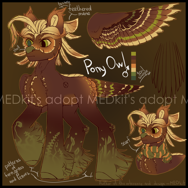 Size: 2500x2500 | Tagged: safe, artist:medkit, derpibooru import, oc, unofficial characters only, bird, hybrid, original species, owl, pegasus, pony, accessory, adoptable, advertisement, alternate design, auction, auction open, big eyes, chest fluff, clothes, colored hooves, colored pupils, colored sketch, colored wings, colored wingtips, ears up, eyebrows, feather, feathered mane, feathered tail, feathered tassels, feathered wings, fern, folded wings, gradient background, gradient hooves, gradient mane, gradient wings, grass, hoof fluff, horseshoes, image, leaves, male, multicolored coat, multicolored mane, obtrusive watermark, pattern, pegasus oc, png, ponytail, raised hoof, reference sheet, scarf, shell, short mane, sketch, solo, spread wings, stallion, standing, tail, tassels, thick eyebrows, twitterina design, watermark, wings