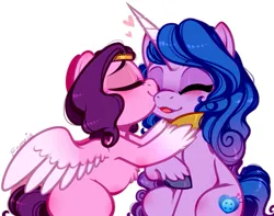 Size: 745x588 | Tagged: safe, artist:esmeia, derpibooru import, izzy moonbow, pipp petals, pegasus, pony, unicorn, g5, adorapipp, belly fluff, blushing, cute, duo, eyes closed, female, heart, hoof fluff, image, izzybetes, izzypipp, lesbian, mare, nuzzling, png, shipping, signature, simple background, white background