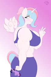 Size: 2000x3000 | Tagged: suggestive, artist:astrum, derpibooru import, twilight sparkle, twilight sparkle (alicorn), oc, unofficial characters only, alicorn, anthro, abs, abstract background, alicorn oc, amazon, biceps, big breasts, blushing, breasts, busty oc, butt, clothes, curvy, deltoids, digital art, female, floating wings, holding, horn, image, looking back, muscles, muscular female, pants, plushie, png, rear view, shy, smiling, sports bra, triceps, waving, wings