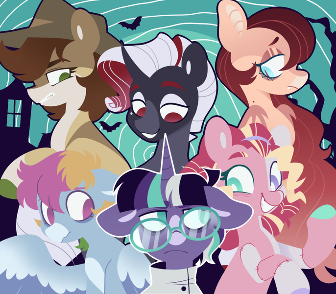 Size: 1280x1120 | Tagged: safe, artist:glowfangs, derpibooru import, applejack, fluttershy, pinkie pie, rainbow dash, rarity, twilight sparkle, bat pony, earth pony, pegasus, pony, undead, unicorn, zombie, zombie pony, alternate design, alternate universe, glasses, hat, image, mane six, png, twitterina design