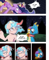 Size: 3000x3700 | Tagged: semi-grimdark, artist:begoliah, derpibooru import, cozy glow, gallus, twilight sparkle, twilight sparkle (alicorn), alicorn, anthro, gryphon, comic:crusaders, blood, comic, female, image, jpeg, male, royal guard