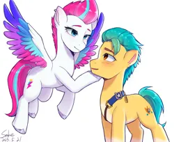 Size: 2310x1882 | Tagged: safe, artist:xiaowu07, derpibooru import, hitch trailblazer, zipp storm, earth pony, pegasus, pony, g5, colored wings, duo, duo male and female, female, hitchzipp, image, looking at each other, looking at someone, male, mare, png, sheriff's badge, shipping, signature, simple background, stallion, straight, white background, wings