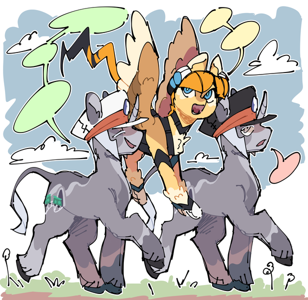 Size: 1280x1244 | Tagged: safe, artist:jiang-she, derpibooru import, ponified, pegasus, pony, unicorn, alternate design, elesa, emmet, flying, grass, image, ingo, png, pokémon, sky, speech bubble, trio, twitterina design, walking