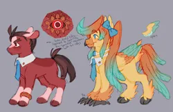 Size: 1280x837 | Tagged: safe, artist:jiang-she, derpibooru import, ponified, earth pony, hippogriff, pony, ace attorney, alternate design, apollo justice, athena cykes, bow, bracelet, cloven hooves, duo, gray background, hippogriffied, image, jewelry, necktie, png, simple background, species swap, twitterina design