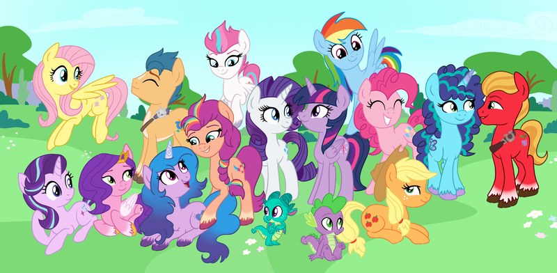 Size: 4096x2007 | Tagged: safe, artist:sjart117, derpibooru import, applejack, fluttershy, hitch trailblazer, izzy moonbow, pinkie pie, pipp petals, rainbow dash, rarity, sparky sparkeroni, spike, sprout cloverleaf, starlight glimmer, sunny starscout, twilight sparkle, twilight sparkle (alicorn), zipp storm, alicorn, butterfly, dragon, earth pony, insect, pegasus, pony, unicorn, g5, accessory, alternate new mane six (g5), applejack's hat, ask the mane 11, background, badge, bush, cloud, colored, cowboy hat, crown, deputy, female, flower, flutterhitch, g4, grass, hat, hidden, hooves, horn, image, izzyscout, jewelry, lesbian, male, mane five (g5), mane six, mare, misty brightdawn, mistyclover, morning, nature, new mane six (g5), officer, outdoors, park, permission given, png, princess, regalia, royalty, sheriff, shipping, sky, stallion, straight, tail, the end, tree, wings