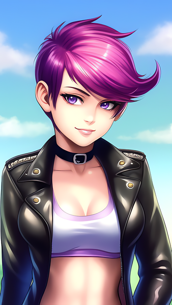 Size: 864x1536 | Tagged: safe, derpibooru import, editor:sammykun, machine learning generated, scootaloo, human, ai content, breasts, busty scootaloo, clothes, cloud, female, humanized, image, jacket, leather, leather jacket, lips, looking at you, midriff, older, older scootaloo, png, prompter:sammykun, reasonably sized breasts, shirt, short hair, solo, solo female