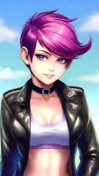Size: 864x1536 | Tagged: safe, derpibooru import, editor:sammykun, machine learning generated, scootaloo, human, ai content, breasts, busty scootaloo, clothes, cloud, female, humanized, image, jacket, leather, leather jacket, lips, looking at you, midriff, older, older scootaloo, png, prompter:sammykun, reasonably sized breasts, shirt, short hair, solo, solo female