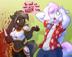 Size: 2824x2224 | Tagged: semi-grimdark, artist:witchtaunter, derpibooru import, oc, oc:blood stain, oc:heavy weather, unofficial characters only, anthro, earth pony, pegasus, abs, armor, belly button, blood, bloody knife, chest fluff, clothes, commission, donut steel, duo, duo male and female, eyebrows, eyebrows visible through hair, facial hair, female, floppy ears, folded wings, goatee, image, knife, male, misunderstanding, murder, open clothes, open mouth, open shirt, png, raised eyebrow, shocked, shrug, speech bubble, unconvincing armor, violence, wings