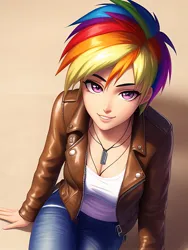 Size: 1020x1360 | Tagged: safe, derpibooru import, editor:sammykun, machine learning generated, rainbow dash, human, ai content, breasts, cleavage, clothes, denim, dog tags, high angle, humanized, image, jacket, jeans, jewelry, jpeg, leather, leather jacket, lips, looking at you, looking up, looking up at you, necklace, pants, prompter:sammykun, shirt, short hair rainbow dash, simple background, sitting, smiling