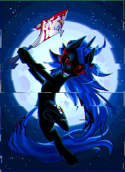 Size: 698x960 | Tagged: semi-grimdark, artist:blueblizzzard, derpibooru import, oc, unofficial characters only, pony, unicorn, animated, blood, cleaver, female, full moon, gif, hoof hold, image, looking at you, mare, moon, open mouth, open smile, red eyes, sharp teeth, smiling, teeth