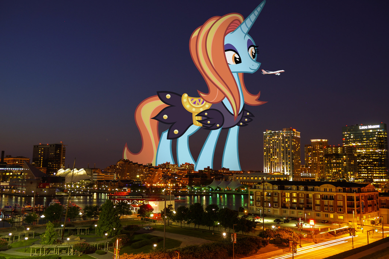 Size: 2048x1361 | Tagged: safe, artist:starryshineviolet, derpibooru import, edit, editor:jaredking779, sassy saddles, pony, unicorn, aircraft, airline, baltimore, boeing, clothes, dress, female, giant pony, giantess, highrise ponies, image, irl, jpeg, macro, mare, maryland, photo, plane, ponies in real life, saddle, solo, tack