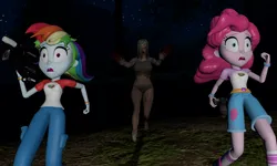Size: 5120x3072 | Tagged: safe, artist:n3onh100, derpibooru import, pinkie pie, rainbow dash, human, undead, zombie, equestria girls, camera, camp everfree outfits, forest, image, left 4 dead, left 4 dead 2, night, png, tree, video camera, witch (left 4 dead)