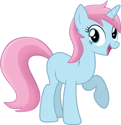 Size: 2445x2540 | Tagged: safe, artist:tankman, derpibooru import, oc, oc:water lilly, unofficial characters only, pony, unicorn, blue body, blue eyes, blue skin, female, happy, horn, image, looking at you, mare, open mouth, pink mane, pink tail, png, raised hoof, smiling, solo, tail