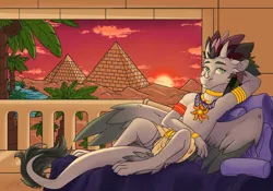 Size: 2388x1668 | Tagged: safe, derpibooru import, oc, oc:arculascrain, dragon, amulet, armlet, bed, bedroom, clothes, coconut, egyptian, food, image, jewelry, loincloth, medallion, oasis, palm tree, png, pyramid, regalia, sun, sunset, tree, underwear, water