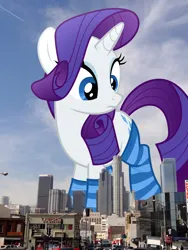Size: 1536x2048 | Tagged: safe, artist:alexiy777, derpibooru import, edit, editor:jaredking779, rarity, pony, unicorn, california, clothes, eyeshadow, female, giant pony, giantess, highrise ponies, image, irl, jpeg, looking down, los angeles, macro, makeup, mare, photo, ponies in real life, socks, solo, striped socks