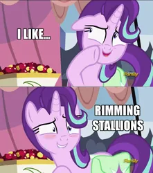 Size: 1360x1536 | Tagged: suggestive, derpibooru import, edit, edited screencap, screencap, starlight glimmer, pony, unicorn, rock solid friendship, bag, blushing, caption, discovery family, discovery family logo, exploitable meme, female, image, image macro, impact font, implied anal, implied analingus, implied oral, implied sex, logo, mare, meme, png, saddle bag, shrunken pupils, solo, starlight rimmer, starlight's confessions, sweat, text