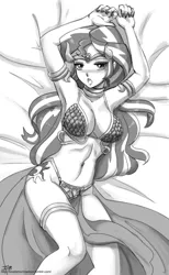 Size: 593x960 | Tagged: suggestive, artist:johnjoseco, derpibooru import, sunset shimmer, human, bed, bedroom eyes, breasts, busty sunset shimmer, cutie mark on human, female, harem outfit, image, lying down, png, slave leia outfit, solo, solo female