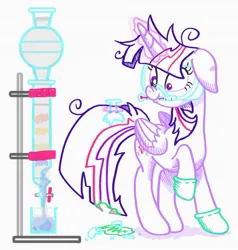 Size: 1200x1261 | Tagged: artist needed, safe, derpibooru import, twilight sparkle, twilight sparkle (alicorn), alicorn, acid, clothes, column, experiment, flask, gloves, goggles, image, jpeg, medical gloves, simple background, white background