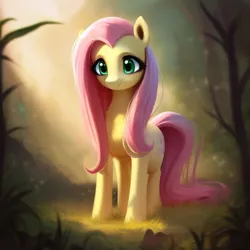 Size: 512x512 | Tagged: safe, derpibooru import, machine learning assisted, machine learning generated, stable diffusion, fluttershy, pegasus, pony, ai content, big eyes, blushing, cute, ear fluff, fluffy, forest, grass, green eyes, image, pink mane, png, prompter:saltyvity, smiley face, smiling, solo, sparkles, tree