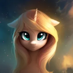 Size: 512x512 | Tagged: safe, derpibooru import, machine learning assisted, machine learning generated, stable diffusion, oc, pony, unicorn, ai content, big eyes, cute, ear fluff, fluffy, green eyes, image, png, prompter:saltyvity, sky, smiley face, smiling, solo, sparkles, stars, yellow mane