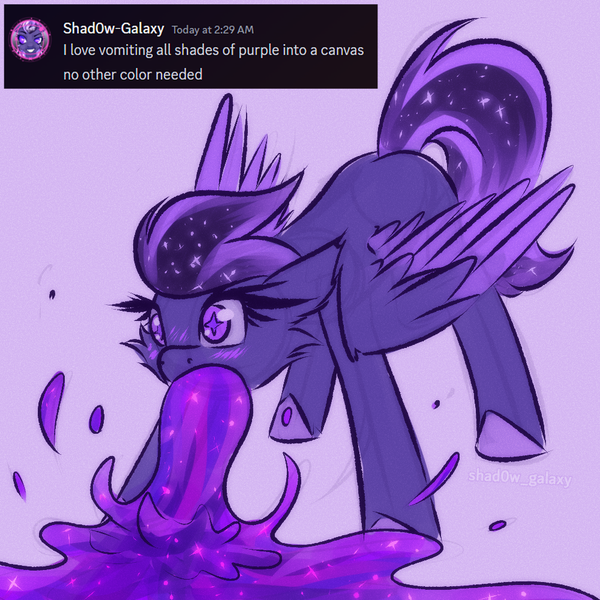 Size: 1000x1000 | Tagged: safe, artist:shad0w-galaxy, derpibooru import, oc, oc:shadow galaxy, unofficial characters only, pegasus, pony, discord (program), doodle, ethereal mane, female, image, joke, mare, png, simple background, sketch, solo, starry eyes, starry mane, starry tail, tail, text, vomit, vomiting, wingding eyes