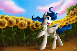 Size: 1250x825 | Tagged: safe, artist:jamescorck, derpibooru import, oc, pegasus, pony, female, flower, image, mare, png, solo, sunflower