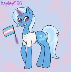 Size: 2193x2210 | Tagged: safe, artist:hayley566, derpibooru import, trixie, pony, unicorn, clothes, cute, diatrixes, female, glow, glowing horn, grin, horn, image, magic, mare, png, pride, pride flag, shirt, smiling, solo, t-shirt, trans female, trans trixie, transgender, transgender pride flag