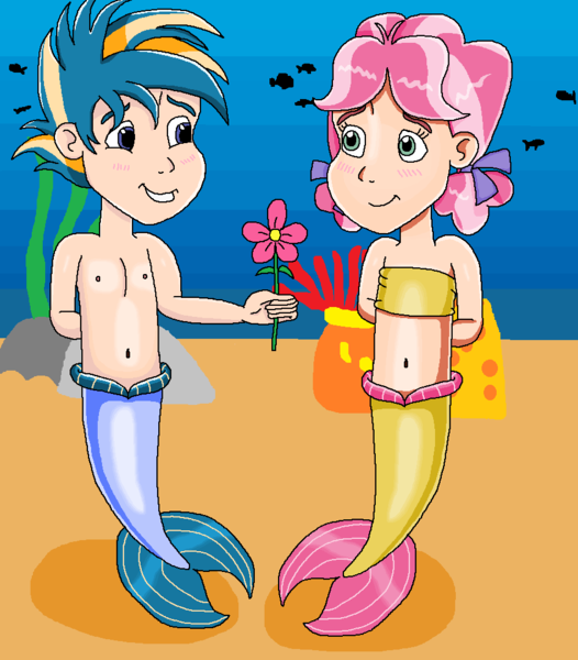 Size: 894x1019 | Tagged: safe, artist:ocean lover, derpibooru import, kettle corn, skeedaddle, fish, human, merboy, mermaid, merman, bandeau, bare shoulders, bashful, belly, belly button, blushing, bow, child, children, coral, cute, duo, duo male and female, female, fins, fish tail, flower, hand behind back, happy, human coloration, humanized, image, in love, innocent, kedaddle, kettlebetes, kids, looking at each other, looking at someone, male, male nipples, mermaid lovers, mermaid tail, mermaidized, mermay, midriff, ms paint, nipples, nudity, ocean, png, ribbon bow tie, sand, shipping, shipping fuel, skeedorable, sleeveless, smiling, smiling at each other, species swap, straight, tail, tail fin, two toned hair, underwater, water