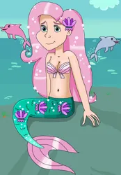 Size: 1065x1528 | Tagged: safe, artist:ocean lover, derpibooru import, fluttershy, dolphin, human, mermaid, animal, bare shoulders, bashful, beach, beautiful, beautiful eyes, beautiful hair, belly, belly button, blue eyes, boulder, bra, clothes, cloud, curvy, cute, fish tail, friendly, hair ornament, hourglass figure, human coloration, humanized, image, innocent, jumping, kindness, light skin, long hair, looking at you, mammal, mermaid tail, mermaidized, mermay, midriff, ms paint, nice, ocean, outdoors, pink hair, png, pose, pretty, rock, seashell, seashell bra, shiny skin, shy, shyabetes, sitting, sky, sleeveless, smiling, smiling at you, species swap, splash, tail, underwear, water, wave