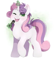 Size: 1826x1952 | Tagged: safe, artist:adostume, edit, sweetie belle, pony, unicorn, blushing, chubby, curly hair, cute, cutie mark removal, ear blush, eyebrows, female, filly, high res, horn, image, long hair, long mane, magic, microphone, one eye closed, open mouth, png, raised hoof, simple background, singing, solo, solo female, standing, watermark removal, wink