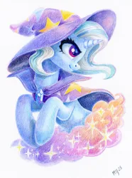 Size: 1103x1484 | Tagged: safe, artist:maytee, derpibooru import, trixie, pony, unicorn, bust, cape, clothes, colored pencil drawing, hat, image, png, portrait, profile, solo, traditional art, trixie's cape, trixie's hat