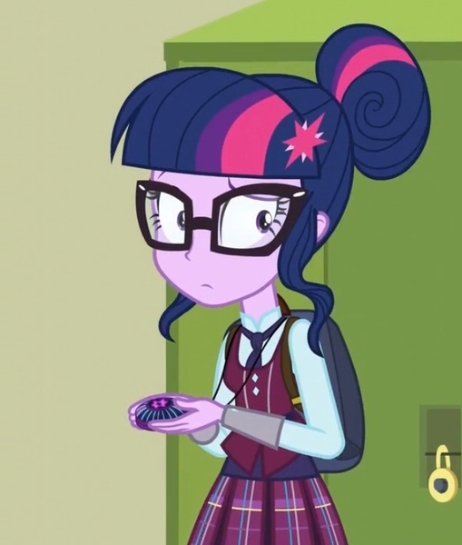 Size: 645x760 | Tagged: safe, derpibooru import, screencap, sci-twi, twilight sparkle, human, equestria girls, friendship games, bag, canterlot high, clothes, confused, cropped, crystal prep academy uniform, glasses, image, jpeg, lockers, magic capture device, necktie, school, school uniform, schoolgirl, solo