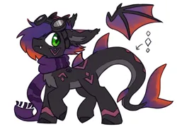 Size: 2000x1467 | Tagged: safe, artist:rivibaes, derpibooru import, oc, oc:raven, unofficial characters only, bat pony, hybrid, original species, pony, shark, shark pony, clothes, coat markings, goggles, horns, image, male, png, scarf, simple background, solo, stallion, striped scarf, white background