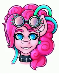 Size: 3243x4096 | Tagged: safe, artist:elusivepurple, derpibooru import, pinkie pie, earth pony, choker, cyberpunk, ear piercing, earring, goggles, goggles on head, image, jewelry, jpeg, looking at you, piercing, simple background, smiling, solo, spiked choker, white background