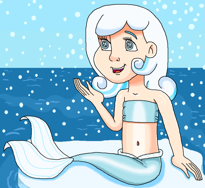 Size: 853x781 | Tagged: safe, artist:ocean lover, derpibooru import, oc, oc:snowdrop, unofficial characters only, human, mermaid, bandeau, bare shoulders, belly, belly button, blind, blue eyes, child, cute, female, fins, fish tail, friendly, happy, human coloration, humanized, ice, image, innocent, light skin, looking up, mermaid tail, mermaidized, mermay, midriff, ms paint, ocean, open mouth, outdoors, png, shadow, sitting, sky, snow, snowflake, solo, species swap, tail, tail fin, two toned hair, water, white hair, winter