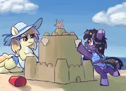 Size: 2185x1575 | Tagged: safe, artist:rivibaes, derpibooru import, oc, oc:orange cream, oc:rivibaes, pegasus, pony, unicorn, beach, bikini, bucket, clothes, cloud, female, filly, foal, hat, image, jewelry, mare, mother and child, mother and daughter, png, sandcastle, seashell, swimsuit
