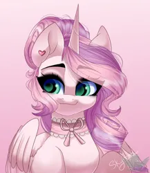 Size: 1781x2048 | Tagged: safe, artist:skyboundsiren, derpibooru import, oc, oc:saku, unofficial characters only, alicorn, pony, bow, choker, ear piercing, earring, eye clipping through hair, eyebrows, eyebrows visible through hair, heart, image, jewelry, jpeg, piercing, smiling, solo