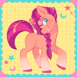 Size: 1800x1800 | Tagged: safe, artist:umbrellascribbles, derpibooru import, sunny starscout, earth pony, pony, g5, abstract background, coat markings, crescent, cute, female, grin, image, mare, png, smiling, socks (coat marking), solo, stars, sunnybetes, unshorn fetlocks