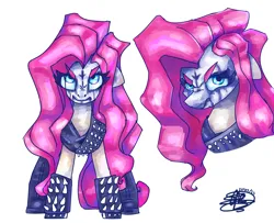 Size: 3200x2600 | Tagged: safe, artist:mannybcadavera, derpibooru import, fluttershy, pegasus, pony, alternate hairstyle, angry, black metal, boots, clothes, corpse paint, face paint, female, frown, high res, image, mare, metalhead, metalshy, png, scowl, shoes, signature, simple background, solo, spikes, white background
