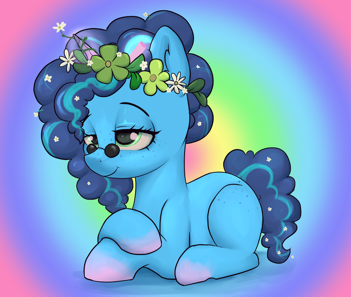Size: 2600x2200 | Tagged: safe, artist:dumbwoofer, derpibooru import, pony, unicorn, g5, ear fluff, female, floral head wreath, flower, flower in hair, freckles, happy, hippie, image, lying down, mare, misty brightdawn, png, ponyloaf, prone, rainbow background, relaxed, sitting, smiling, solo, sunglasses