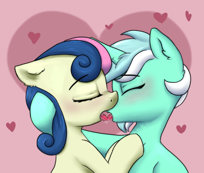 Size: 2600x2200 | Tagged: questionable, artist:dumbwoofer, derpibooru import, bon bon, lyra heartstrings, sweetie drops, earth pony, pony, unicorn, blushing, drool, ear fluff, eyes closed, female, french kiss, heart, heart background, hooves to the chest, image, kiss on the lips, kissing, lesbian, making out, mare, passionate, png, shipping, tongue out