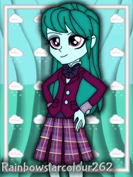 Size: 768x1024 | Tagged: safe, artist:rainbowstarcolour262, derpibooru import, cold forecast, human, series:equ wallpapers, equestria girls, friendship games, abstract background, background human, bowtie, clothes, crystal prep academy uniform, crystal prep shadowbolts, cutie mark, cutie mark background, eyeshadow, female, hand on hip, image, makeup, plaid skirt, pleated skirt, png, purple eyes, school uniform, shirt, signature, skirt, solo