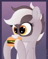 Size: 2890x3546 | Tagged: safe, artist:rainbowšpekgs, derpibooru import, oc, oc:bandy cyoot, unofficial characters only, hybrid, pony, raccoon, raccoon pony, burger, bust, eating, food, happy, image, png