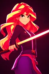 Size: 2048x3072 | Tagged: safe, ai content, derpibooru import, editor:lerkyboy, machine learning assisted, machine learning generated, stable diffusion, sunset shimmer, human, equestria girls, g4, female, generator:purplesmart.ai, geta, high res, image, jpeg, katana, looking at you, ninja, prompter:lerkyboy, smiling, smiling at you, solo, sword, weapon