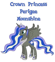 Size: 4239x4824 | Tagged: source needed, safe, anonymous artist, derpibooru import, oc, oc:crown princess perigee moonshine, unofficial characters only, alicorn, pony, absurd resolution, alicorn oc, closed mouth, crown, crown princess, ethereal mane, ethereal tail, eyelashes, eyes open, eyeshadow, female, happy, hoof shoes, horn, image, jewelry, makeup, mare, mare of the moon, name, nostrils, offspring, parent:king equus, parent:princess luna, parents:canon x oc, parents:equuna, png, pony oc, princess, product of incest, regalia, royalty, simple background, smiling, solo, spread wings, tail, text, transparent background, wings