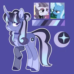 Size: 1280x1280 | Tagged: safe, artist:glowfangs, derpibooru import, oc, unnamed oc, pony, unicorn, adoptable, color palette, crack ship offspring, curved horn, cutie mark, horn, image, jewelry, necklace, offspring, parent:inky rose, parent:trixie, parents:trixinky, png, purple background, simple background, solo, unicorn oc